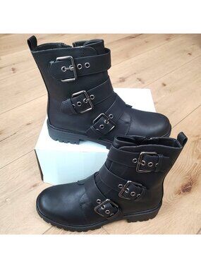 Womens Black Combat Boots Size 10 Chunky Buckle Zip Up Grunge Goth Biker Teegan